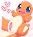  &lt;3 2021 8:9 badwingm blue_eyes charmander countershade_torso countershading feral generation_1_pokemon genitals hi_res lying male nintendo on_back penis pokemon pokemon_(species) pussy simple_background slit smile solo spread_legs spreading tapering_penis white_background 