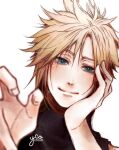  1boy artist_name bangs blonde_hair blue_eyes blurry blurry_foreground blush cloud_strife final_fantasy final_fantasy_vii final_fantasy_vii_remake hair_between_eyes head_on_hand highres looking_at_viewer male_focus outstretched_hand parted_bangs short_hair sleeveless sleeveless_turtleneck smile solo spiked_hair turtleneck upper_body white_background yco_030601 