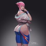  1girl ass blue_eyes blush dougi hime_cut hip_vent looking_back manon_(street_fighter) martial_arts_belt pink_hair pinkdrawz skin_tight spandex street_fighter street_fighter_6 thick_lips wristband 