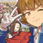  1boy 1girl ace_attorney ace_attorney_investigations ace_attorney_investigations_2 bangs blurry blurry_foreground braid brown_eyes brown_hair cape closed_eyes closed_mouth flipped_hair gloves hair_over_one_eye ichiyanagi_yumihiko jacket jacket_on_shoulders long_sleeves looking_at_viewer male_focus mikagami_hakari numae_kaeru one_eye_closed open_mouth short_hair smile uniform v white_gloves 