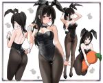  1girl animal_ears artist_logo bangs bare_shoulders black_hair black_leotard blush bow bowtie breasts brown_hair carrot carrot_pillow chitanda_eru cleavage detached_collar fake_animal_ears fake_tail high_heels highres hyouka kotenbu_series leotard long_hair looking_at_viewer mery_(yangmalgage) pantyhose playboy_bunny ponytail purple_eyes rabbit_ears rabbit_tail simple_background smile solo strapless strapless_leotard tail white_background wrist_cuffs 