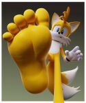  2022 3d_(artwork) 5_toes anthro barefoot blue_eyes canid canine clothing digital_media_(artwork) dipstick_tail feet feetymcfoot foot_focus fox gloves handwear hi_res humanoid_feet male mammal markings miles_prower mostly_nude plantigrade sega simple_background soles solo sonic_the_hedgehog_(series) tail tail_markings toes yellow_body 