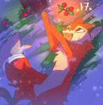  berry canid canine chest_tuft food fox fruit fur hi_res hyilpi lying mammal on_back open_mouth open_smile plant red_body red_fox red_fur smile snow solo tuft vixy_(hyilpi) 
