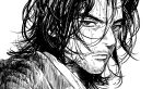  1boy absurdres black_hair facial_hair greyscale highres jacket looking_at_viewer male_focus medium_hair messy_hair monochrome monster_(manga) my_nameisyoon solo stubble tenma_kenzou wet wet_hair white_background 