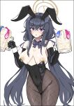  1girl absurdres alternate_costume animal_ears areola_slip bangs black_hair black_leotard blue_archive blue_eyes blush bow bowtie breasts breasts_apart condom cowboy_shot cum cum_in_container cum_in_cup cup detached_collar elbow_gloves fake_animal_ears fishnet_pantyhose fishnets gatyo_5 gloves hairband halo heart heart_pasties highleg highleg_leotard highres holding holding_cup large_breasts leotard long_hair looking_at_viewer messy_hair mug multiple_condoms open_mouth pantyhose pasties playboy_bunny rabbit_ears simple_background solo standing strapless strapless_leotard sweat sweatdrop ui_(blue_archive) undersized_clothes used_condom white_background wrist_cuffs 