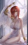  1girl absurdres angel_wings blush breasts cleavage collarbone cross feathered_wings feathers hair_over_one_eye highres illust_sucong indoors large_breasts long_hair orange_eyes orange_hair original parted_lips sitting solo wings 