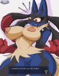  2023 anthro areola big_breasts blush breasts digital_media_(artwork) english_text eyelashes female genitals hi_res knightmoonlight98 mega_evolution mega_lucario navel nintendo nipples pokemon pokemon_(species) pussy simple_background solo text 