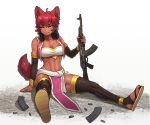  1girl ahoge animal_ears artist_name assault_rifle breasts commission detached_sleeves fang full_body gun hair_between_eyes headphones headphones_around_neck highres holding holding_gun holding_weapon jewelry looking_at_viewer magazine_(weapon) midriff navel on_ground one_eye_closed original pgm300 red_hair rifle ring sandals shell_casing short_hair sitting smile solo tail thighhighs toeless_legwear watermark weapon 