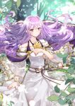  1girl cape dress fire_emblem fire_emblem:_genealogy_of_the_holy_war julia_(fire_emblem) kero_sweet leaf long_hair outdoors purple_eyes purple_hair smile sparkle tree white_dress 