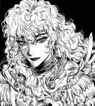  1boy androgynous armor berserk black_background eyelashes griffith_(berserk) highres lips long_hair looking_at_viewer male_focus monochrome my_nameisyoon shoulder_armor simple_background solo wavy_hair white_hair 