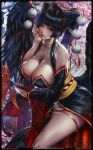  1girl artist_name bangs bare_shoulders black_hair black_kimono black_wings breasts cherry_blossoms dead_or_alive dead_or_alive_6 hand_fan hand_on_own_cheek hand_on_own_face holding holding_fan japanese_clothes kimono large_breasts lexaiduer lipstick looking_at_viewer makeup mole mole_under_mouth nail_polish nyotengu obi off_shoulder patreon_logo patreon_username pom_pom_(clothes) purple_eyes red_nails sash solo web_address wings 