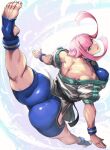  ass bike_shorts blue_eyes dougi feet highres hime_cut manon_(street_fighter) mikel_(4hands) muscular muscular_female nail_polish pink_hair skin_tight spandex split standing standing_on_one_leg standing_split street_fighter street_fighter_6 toenail_polish toenails toes wristband 