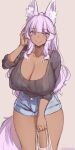  1girl animal_ear_fluff animal_ears aurora_(kanachirou) bag bangs black_shirt blue_shorts breasts cleavage collarbone dark-skinned_female dark_skin hand_up highres holding holding_bag kanachirou large_breasts long_hair long_sleeves nail_polish open_mouth original purple_eyes purple_hair purple_nails shirt shirt_tucked_in short_shorts shorts simple_background slit_pupils smile tail thighs twitter_username 