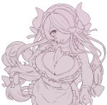  1girl apron bangs between_breasts bow box braid breasts cleavage cleavage_cutout clothing_cutout crown_braid draph frilled_apron frills granblue_fantasy hair_bow hair_ornament hair_over_one_eye heart heart-shaped_box heart_hair_ornament horn_bow horn_ornament horns large_breasts long_hair low-tied_long_hair monochrome mouth_hold narmaya_(granblue_fantasy) narmaya_(valentine)_(granblue_fantasy) parted_bangs sakita_(ookawarii) smile solo very_long_hair 