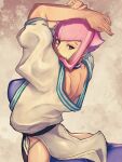  1girl arms_on_head arms_up blue_eyes dougi highres hime_cut hip_vent looking_back manon_(street_fighter) martial_arts_belt pink_hair street_fighter street_fighter_6 waist_cutout yuenibushi 