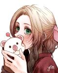  1girl aerith_gainsborough artist_name bangle bangs blush bracelet braid braided_ponytail eating final_fantasy final_fantasy_vii final_fantasy_vii_remake food food_on_face green_eyes hair_ribbon highres holding holding_food jacket jewelry long_hair looking_at_viewer moogle parted_bangs pink_ribbon red_jacket ribbon sidelocks smile solo upper_body wavy_hair white_background yco_030601 