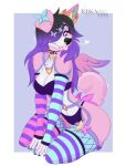  2023 anthro breasts canid canine canis clothed clothing digital_media_(artwork) domestic_dog ei-ka eyebrows eyelashes female fur hair hi_res mammal pink_body pink_fur purple_hair simple_background smile 