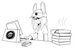  anthro cashier clothing computer english_text eyelashes hair hair_over_eye hat headgear headwear janis_(twang) keyboard lagomorph leporid looking_aside male mammal monochrome mouthless name_tag one_eye_obstructed paper pizza_box pizza_hut rabbit shirt simple_background solo steam text topwear twang visor_cap white_background 