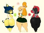  ambiguous_gender animal_crossing anon anthro areola big_breasts bikini bikini_top bodily_fluids breasts brown_nipples canid canine canis clothed clothing domestic_dog duo english_text exclamation_point eyes_closed eyewear eyewear_on_head female group hand_on_chest hi_res huge_breasts human isabelle_(animal_crossing) mammal nintendo nipples onomatopoeia open_mouth open_smile ota_(artist) question_mark raised_clothing raised_topwear shih_tzu smile sound_effects sunglasses sunglasses_on_head sweat sweaty_breasts swimwear text topwear toy_dog trio weaponized_breasts yellow_body 