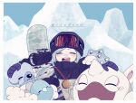  1boy 217_shion_407 aged_down blue_hair blue_sky cetoddle closed_eyes cubchoo goggles goggles_on_head grusha_(pokemon) hat highres jacket long_hair long_sleeves medal mittens mountain open_mouth outdoors pokemon pokemon_(creature) pokemon_(game) pokemon_sv sky smile snom snowboard swablu 