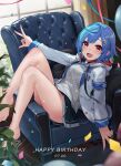  1girl absurdres armchair bangs bare_legs barefoot blue_hair blush chair confetti dolphin_hair_ornament fang full_body grey_hoodie happy_birthday highres hood hood_down hoodie jacket kaguya_(srx61800) legs long_sleeves looking_at_viewer lying miniskirt nijisanji nishizono_chigusa on_back on_chair open_clothes open_jacket open_mouth pillow print_hoodie red_eyes short_hair sidelocks skin_fang skirt smile solo thighs v virtual_youtuber w white_jacket 