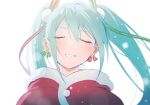  1girl backlighting blue_hair blurry bokeh capelet christmas closed_eyes depth_of_field dot_nose double_vertical_stripe earrings eyelashes facing_viewer floating_hair fur-trimmed_capelet fur_trim green_ribbon hair_between_eyes hair_ornament hair_ribbon happy hatsune_miku jewelry light_blue_hair light_blush light_smile long_hair minori_(faddy) parted_lips pom_pom_(clothes) pom_pom_hair_ornament red_capelet red_ribbon ribbon ribbon_earrings simple_background single_vertical_stripe snow solo star_(symbol) star_earrings striped striped_ribbon twintails upper_body very_long_hair vocaloid white_background 