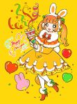  111ichi888 1girl 2023 absurdres animal_ears balloon bangs blunt_bangs blush carrot_hair_ornament chinese_zodiac confetti dress fake_animal_ears food-themed_hair_ornament fur_trim hair_ornament highres long_hair long_sleeves open_mouth orange_hair original pantyhose party_popper rabbit_ears ribbon simple_background smile solo twintails white_pantyhose year_of_the_rabbit yellow_background yellow_dress 