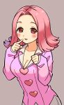  1girl :3 ace_attorney april_may blush breasts buttons cleavage finger_to_mouth flipped_hair formal grey_background heart_button highres jacket large_breasts long_sleeves looking_at_viewer numae_kaeru open_mouth phoenix_wright:_ace_attorney pink_eyes pink_hair pink_jacket red_eyes shirt short_hair simple_background solo suit 