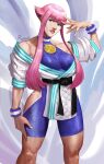  1girl absurdres blue_eyes dougi hand_on_own_face highres hime_cut hip_vent manon_(street_fighter) martial_arts_belt muscular muscular_female pink_hair robert_koh spandex street_fighter street_fighter_6 wristband 