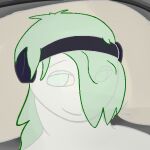  2023 ambiguous_gender anthro green_eyes green_hair grey_body gunner_24 hair headphones headshot_portrait long_hair looking_at_viewer portrait simple_background smile smirk smug solo unknown_species 