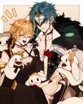  2boys absurdres aether_(genshin_impact) alternate_costume bangs black_gloves blonde_hair blue_hair braid braided_ponytail dark_persona dottore_(genshin_impact) earrings fur genshin_impact gloves hair_between_eyes highres jewelry long_hair long_sleeves male_focus mask mollytimes multiple_boys short_hair smile 