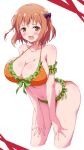  1girl :d @_@ absurdres armband bangs bikini blush breasts brown_eyes brown_hair cleavage collarbone commentary cowboy_shot cropped_legs eggman_(pixiv28975023) embarrassed frilled_bikini frills green_armband hands_on_own_thighs hataraku_maou-sama! highres large_breasts leaning_forward looking_at_viewer navel open_mouth orange_bikini sasaki_chiho simple_background smile solo standing stomach swimsuit white_background 