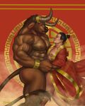  abs anthro bovid bovine brown_body brown_fur brown_hair butt clothing duo embrace european_mythology fur greek_mythology hair hi_res holding_partner horn horn_jewelry horn_ring hug human human_on_anthro interspecies intimate larger_anthro larger_male male male/male mammal minotaur muscular muscular_anthro muscular_male mythology nipples nude pecs ponytail red_eyes ring_(jewelry) signature size_difference smaller_human smaller_male steam translucent translucent_clothing zharts1990 
