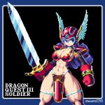  1girl armor bikini_armor black_background blue_eyes breasts cleavage closed_mouth copyright_name dragon_quest dragon_quest_iii gloves helmet holding holding_sword holding_weapon large_breasts long_hair looking_to_the_side mabius muscular muscular_female navel pixel_art purple_hair red_armor red_gloves red_headwear simple_background soldier_(dq3) solo sword weapon winged_helmet 