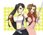  2girls aerith_gainsborough alternate_hairstyle bangle bangs bare_shoulders belt black_gloves black_skirt bracelet braid braided_ponytail breasts cleavage clenched_hand cowboy_shot crop_top cropped_jacket dress earrings elbow_gloves final_fantasy final_fantasy_vii fingerless_gloves gloves green_eyes grey_belt hair_ribbon holding holding_hands holding_staff interlocked_fingers jacket jewelry large_breasts long_hair looking_at_viewer materia medium_breasts midriff multiple_girls open_mouth parted_bangs pink_dress pink_ribbon red_eyes red_jacket ribbon sakio_(7171) shirt side_ponytail sidelocks skirt sleeveless sleeveless_shirt smile staff suspenders swept_bangs teeth tifa_lockhart upper_teeth_only yellow_background 