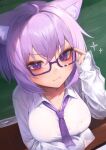  1girl absurdres adjusting_eyewear animal_ears bangs breasts cat_ears chalkboard collared_shirt glasses hair_between_eyes highres hololive large_breasts long_sleeves nanome_to necktie nekomata_okayu purple_eyes purple_hair purple_necktie shirt sleeves_past_wrists solo v-shaped_eyebrows virtual_youtuber 
