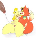  after_sex animal_crossing anthro anus audie_(animal_crossing) big_butt blonde_hair blush bodily_fluids butt canid canine canis cum cum_in_pussy cum_inside disembodied_penis domestic_dog duo eyewear female genital_fluids genitals group hair hi_res humanoid_genitalia humanoid_penis isabelle_(animal_crossing) kneeling male mammal nintendo nude orange_body ota_(artist) penis pussy shih_tzu simple_background sunglasses thick_thighs toy_dog trio white_background wolf yellow_body 