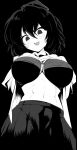  1girl :d bangs blush bra breasts commentary cowboy_shot greyscale hair_between_eyes hat highres large_breasts looking_at_viewer midriff mizuga monochrome navel open_mouth shameimaru_aya simple_background skirt smile solo standing symbol-only_commentary tokin_hat touhou underwear 