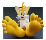  2022 3d_(artwork) 5_toes anthro barefoot blue_eyes canid canine clothing digital_media_(artwork) dipstick_tail feet feetymcfoot foot_focus fox gloves handwear hi_res humanoid_feet looking_at_viewer male mammal markings miles_prower mostly_nude open_mouth plantigrade sega simple_background sitting soles solo sonic_the_hedgehog_(series) tail tail_markings toes yellow_body 
