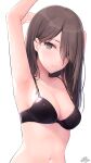  1girl arm_up armpits black_bra bra breasts brown_hair cleavage commentary_request grey_eyes hair_over_one_eye highres looking_at_viewer medium_breasts medium_hair original ramchi signature simple_background solo underwear white_background 