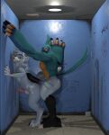  3d_(artwork) animal_genitalia anthro avian bathroom beak bird blue_body blue_fur breath_of_the_wild butt canid canine canis digital_media_(artwork) duo erection feathered_wings feathers fur genitals glory_hole grin grinning_at_viewer hair hi_res hot_dogging humanoid_genitalia humanoid_penis iynize iynize_(artist) kass_(tloz) looking_at_viewer male male/male mammal muscular muscular_male nintendo nude penis penis_on_butt public_restroom restroom_stall rito sheath size_difference smile teasing the_legend_of_zelda wings wolf 