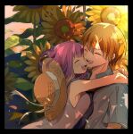  1boy 1girl blonde_hair blue_shirt border closed_eyes collared_shirt dress field flower happy hat hat_ribbon hetero highres hug leaf momomo_(m0_3) ootori_emu open_clothes open_mouth open_shirt outdoors pink_hair project_sekai ribbon shirt short_hair short_sleeves sleeveless smile sun_hat sunflower teeth tenma_tsukasa upper_body upper_teeth_only white_dress white_ribbon 