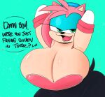  &lt;3 amy_rose anthro bedroom_eyes big_breasts black_pupils bottomwear bra breasts cleavage clothed clothing cosplay english_text eulipotyphlan female gloves green_eyes hair handwear hedgehog hi_res huge_breasts looking_at_viewer mammal narrowed_eyes open_mouth ota_(artist) pink_hair profanity pupils question_mark seductive sega solo sonic_the_hedgehog_(series) tan_body text underwear 
