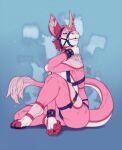  2022 anthro artist_logo blue_harness bulge chest_tuft dated equid equine fangs full-length_portrait fur harness head_tuft hi_res horn logo male mammal mouth_closed muzzle_(object) muzzled narrowed_eyes pink_body pink_fur portrait riorix shoulder_tuft simple_background sitting solo tail tail_tuft tan_horn teeth three-quarter_view tuft unicorn white_body white_fur 