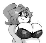  2022 anaugi anthro badger big_breasts bra breasts clothing cute_fangs emanata freckles greyscale gynomorph hair hi_res intersex lace male_(lore) mammal monochrome moobs mustelid musteline nuggy_(anaugi) ponytail short_hair simple_background smile solo star_eyes underwear white_background 