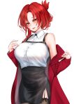  1girl :d alternate_eye_color black_skirt black_thighhighs breasts coat collared_shirt highres honkai_(series) honkai_impact_3rd large_breasts long_sleeves looking_at_viewer match_(scp115) murata_himeko open_mouth red_coat red_eyes red_hair shirt simple_background skirt sleeveless sleeveless_shirt smile solo thighhighs white_background white_shirt 
