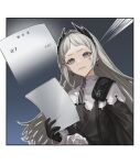  1girl arknights black_gloves capelet earrings gloves grey_eyes grey_hair head_wings holding irene_(arknights) jewelry long_sleeves open_mouth paper reading roki_(shouka65) scar scar_across_eye scar_on_face solo translation_request upper_body v-shaped_eyebrows white_capelet 