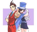  1boy 1girl ace_attorney antenna_hair apollo_justice apollo_justice:_ace_attorney belt blue_eyes blue_headwear blue_necktie bracelet brown_eyes brown_hair cape closed_mouth collared_shirt dress earrings formal gloves hand_on_hip hat holding holding_clothes holding_hat jewelry lcageki looking_at_viewer magician male_focus necktie open_mouth pants pointing pointing_at_viewer red_pants red_vest shirt short_hair smile suit top_hat trucy_wright vest white_gloves white_shirt 