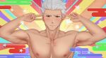  1boy archer_(fate) blush closed_mouth dark-skinned_male dark_skin double_v emotional_engine_-_full_drive fate/grand_order fate/stay_night fate_(series) large_pectorals looking_at_viewer male_focus muscular muscular_male pectorals short_hair sking solo star_(symbol) topless_male upper_body v white_hair 