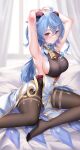  1girl ahoge armpits arms_up bangs bed_sheet bell blue_hair bodystocking breasts covered_navel curtains ganyu_(genshin_impact) genshin_impact goat_horns gold_trim hair_ornament highres horns kousaki_natsu large_breasts long_hair looking_at_viewer low_ponytail neck_bell no_shoes parted_lips pelvic_curtain red_eyes sidelocks solo thighs very_long_hair wavy_hair 